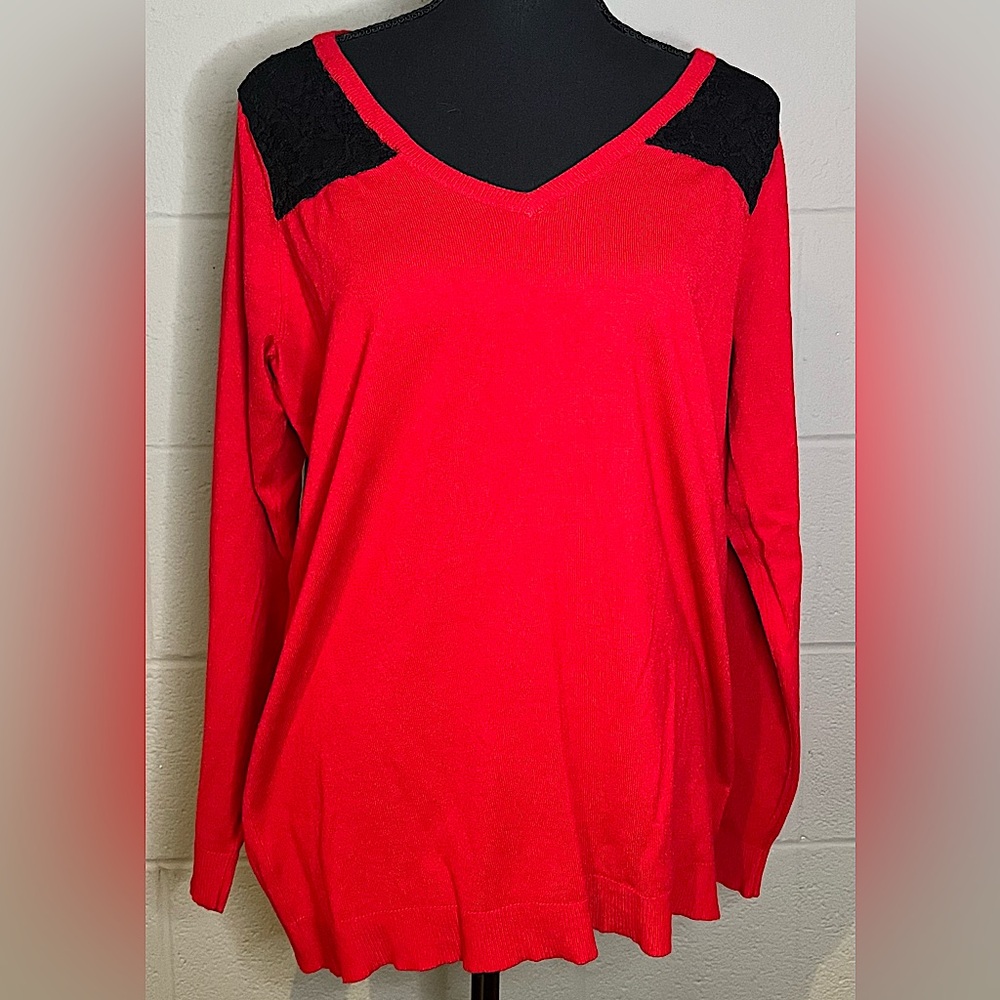 Red V-Neck Sweater with Black Lace Accents
